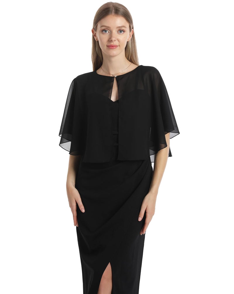 Hotshawl Chiffon Capelet Women's Soft capes Shawls and Wraps for Evening Dress Wedding Cape Cover Up (Black) - Image 1